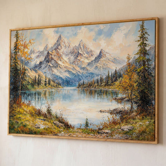 Mountain Lake with Snow-Capped Peaks Canvas shown in white oak floating frame