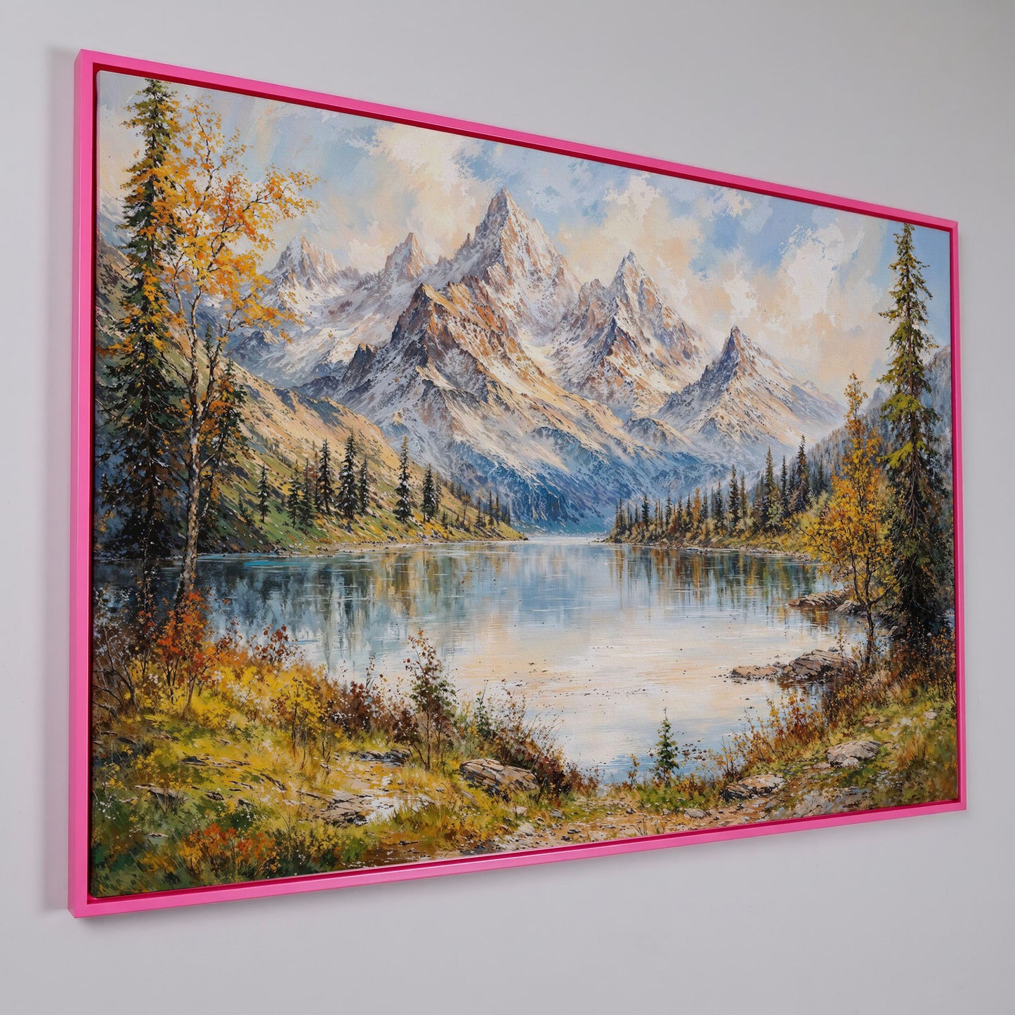 Mountain Lake with Snow-Capped Peaks Canvas in pink floating frame