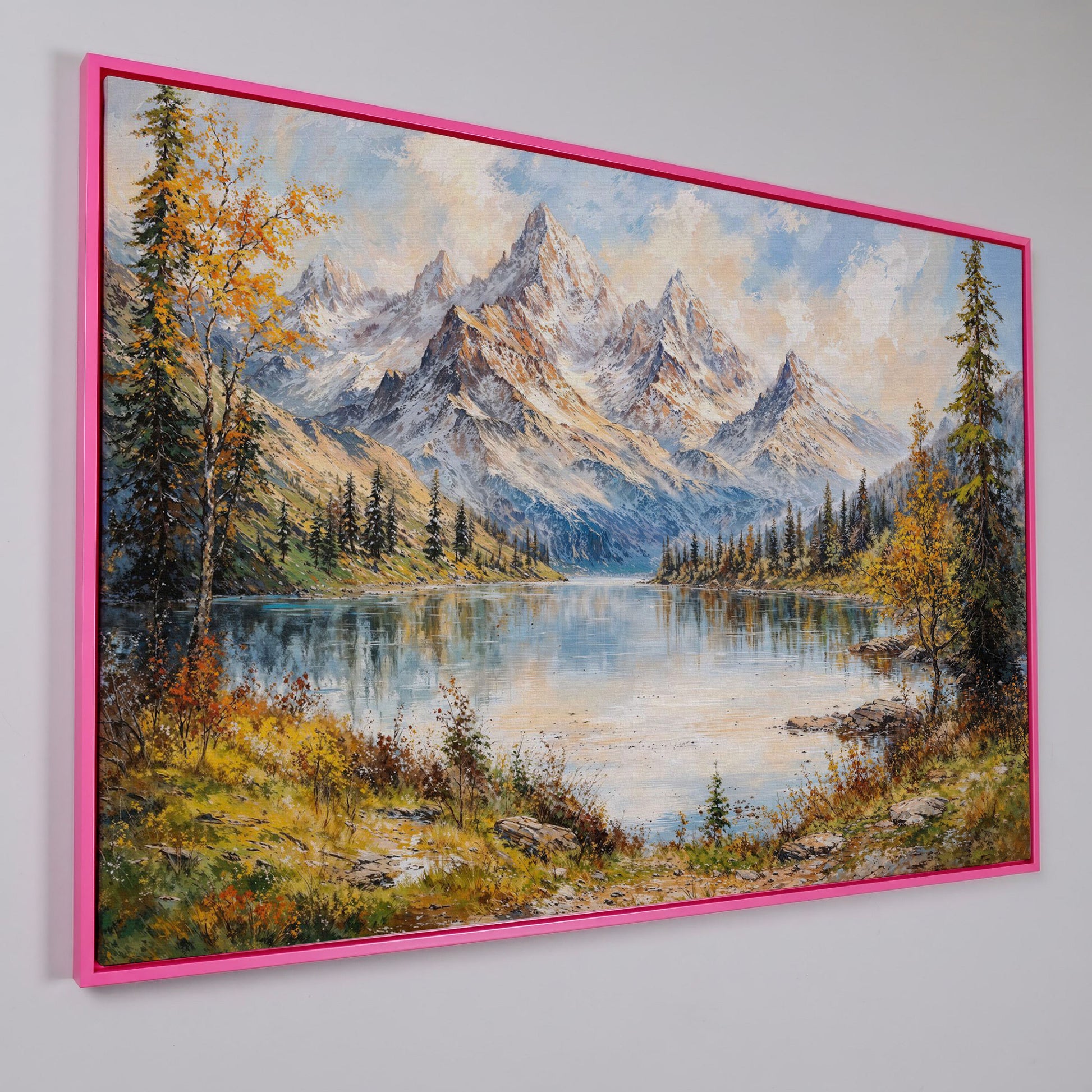 Mountain Lake with Snow-Capped Peaks Canvas in pink floating frame