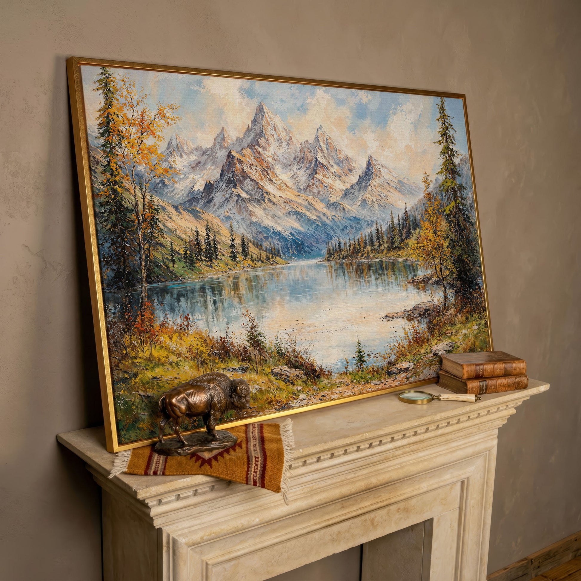 Mountain Lake with Snow-Capped Peaks Canvas in rose gold floating frame