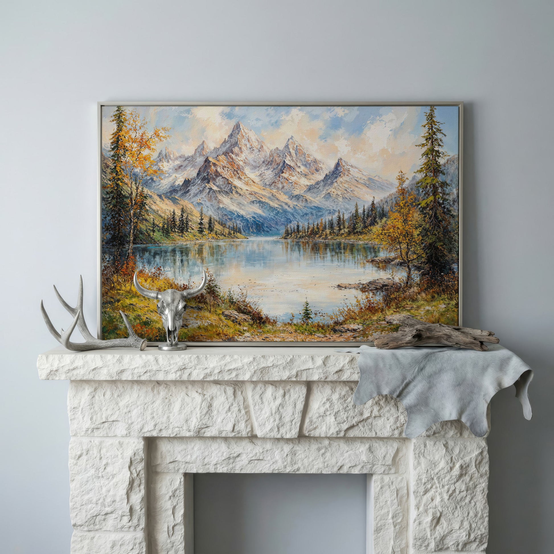 Mountain Lake with Snow-Capped Peaks Canvas in silver floating frame