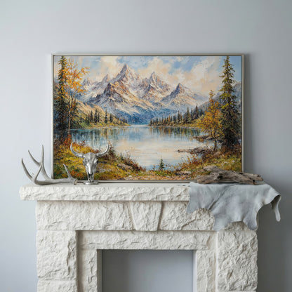 Mountain Lake with Snow-Capped Peaks Canvas in silver floating frame
