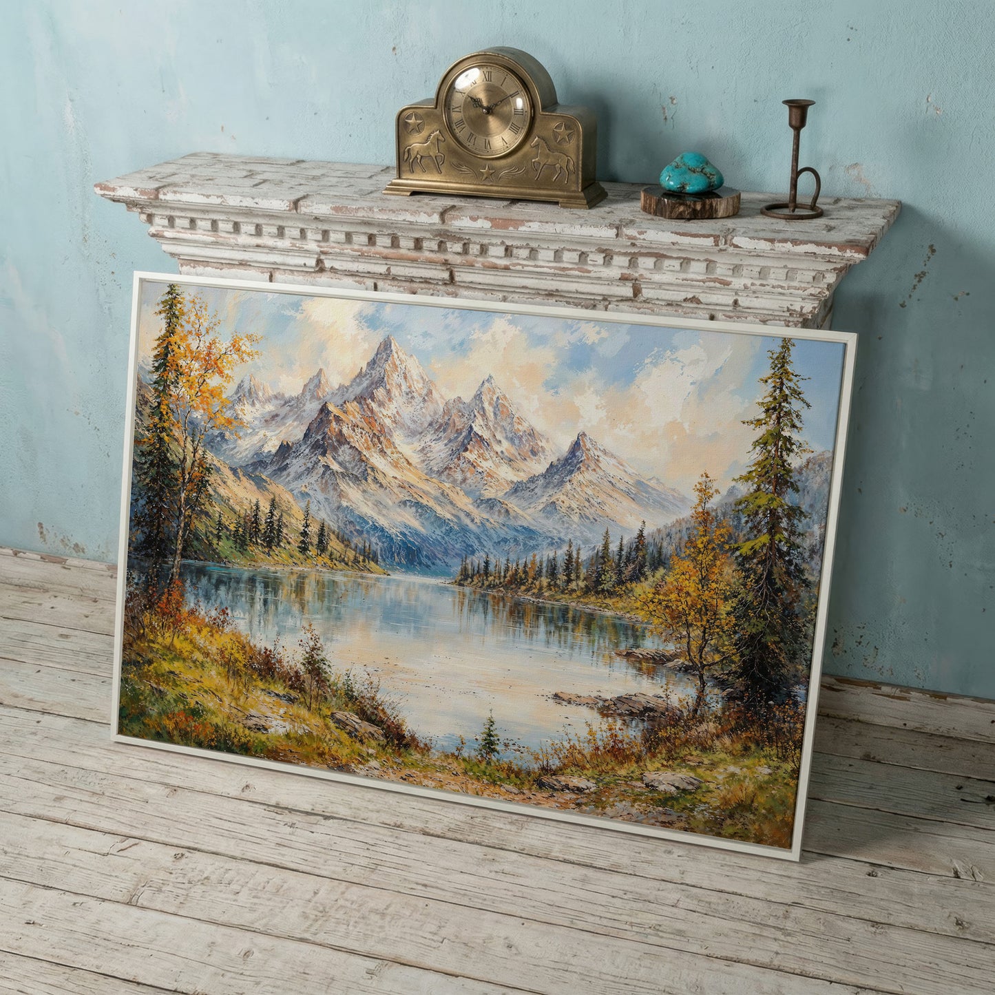Mountain Lake with Snow-Capped Peaks Canvas in white floating frame