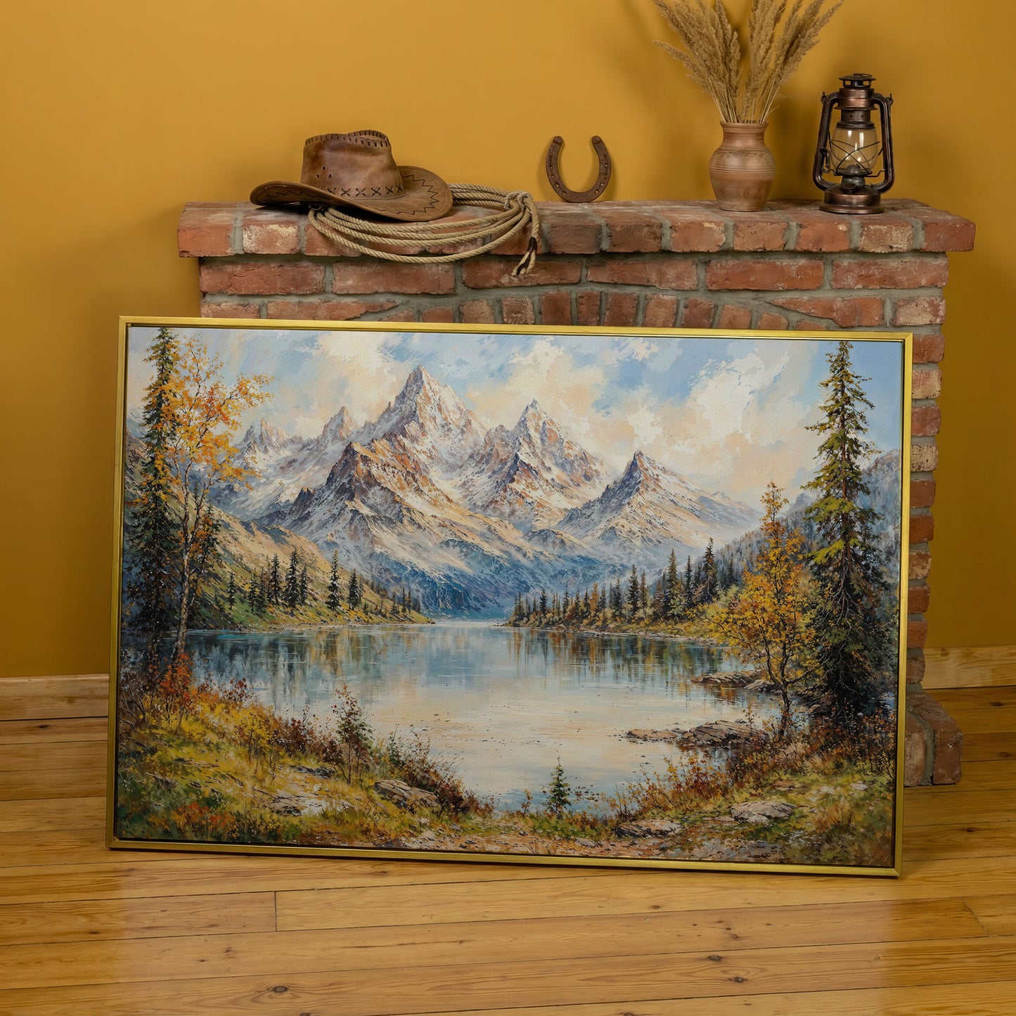 Mountain Lake with Snow-Capped Peaks Canvas in yellow gold floating frame