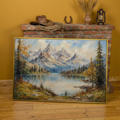 Mountain Lake with Snow-Capped Peaks Canvas in yellow gold floating frame