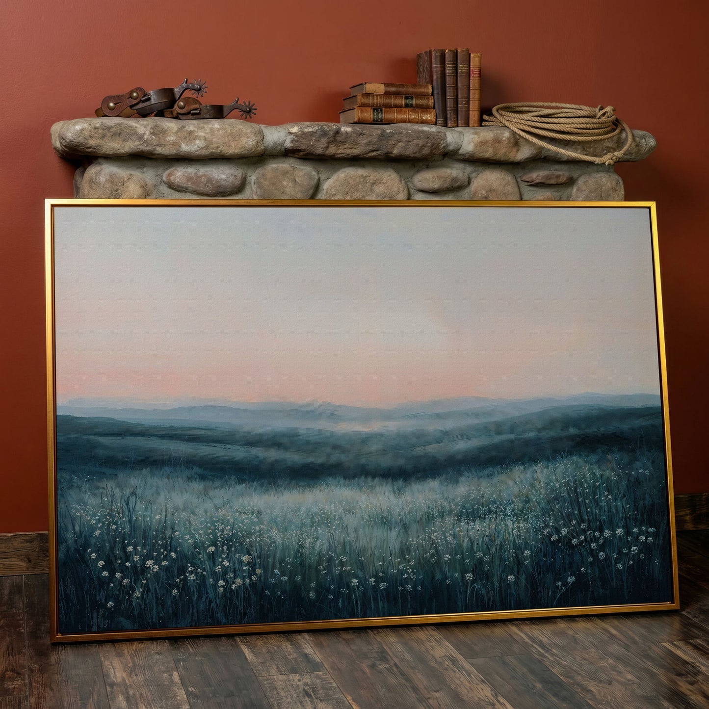 Panoramic Wildflower Meadow Canvas in antique gold floating frame