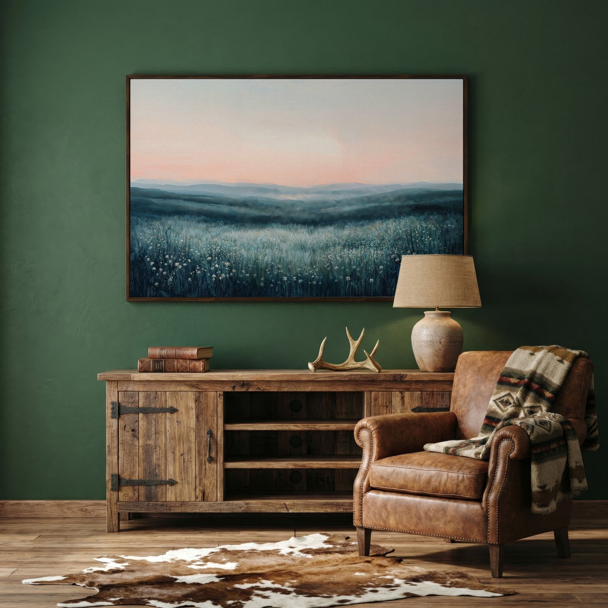 Panoramic Wildflower Meadow Canvas in dark walnut floating frame