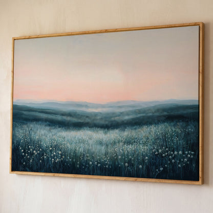 Panoramic Wildflower Meadow Canvas shown in white oak floating frame