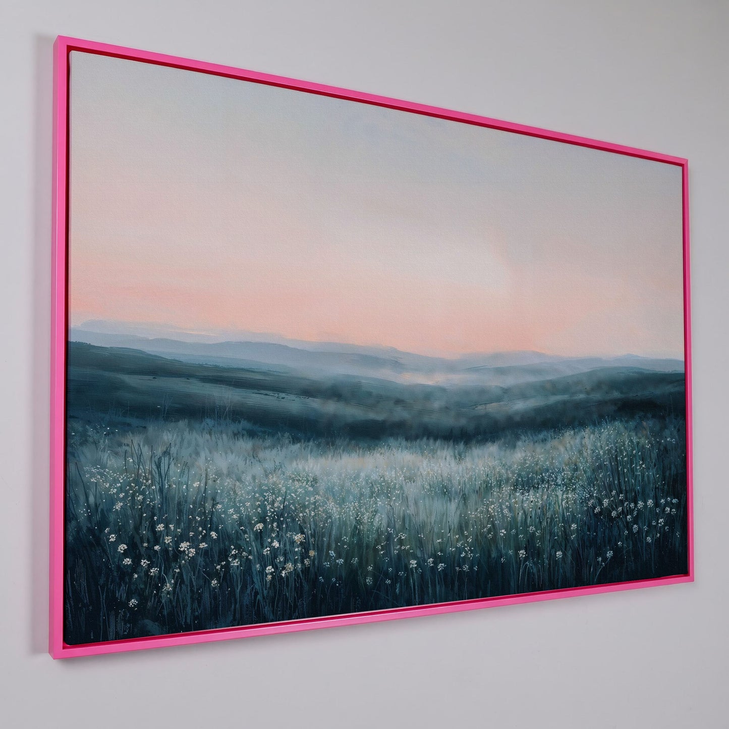 Panoramic Wildflower Meadow Canvas in pink floating frame