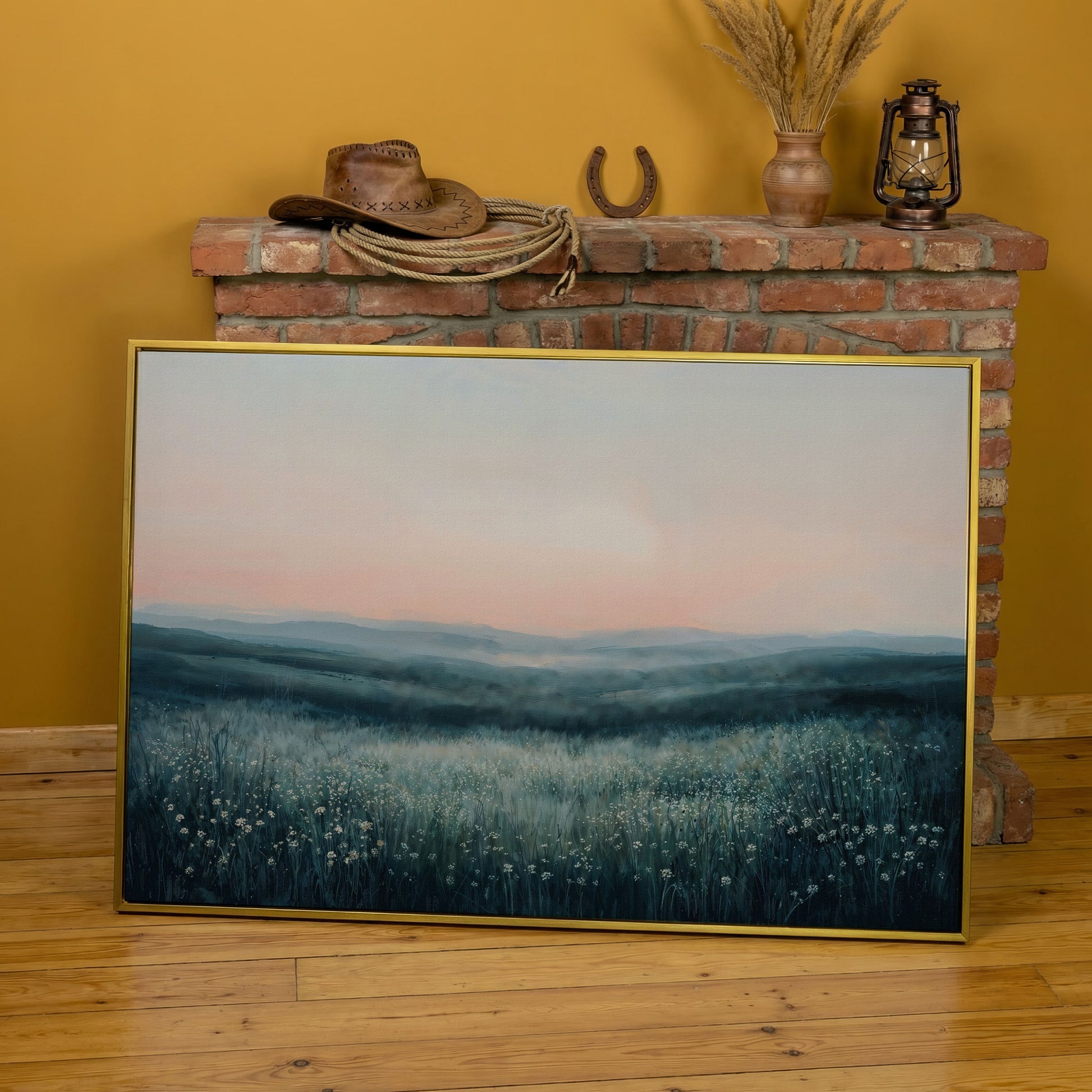Panoramic Wildflower Meadow Canvas in yellow gold floating frame