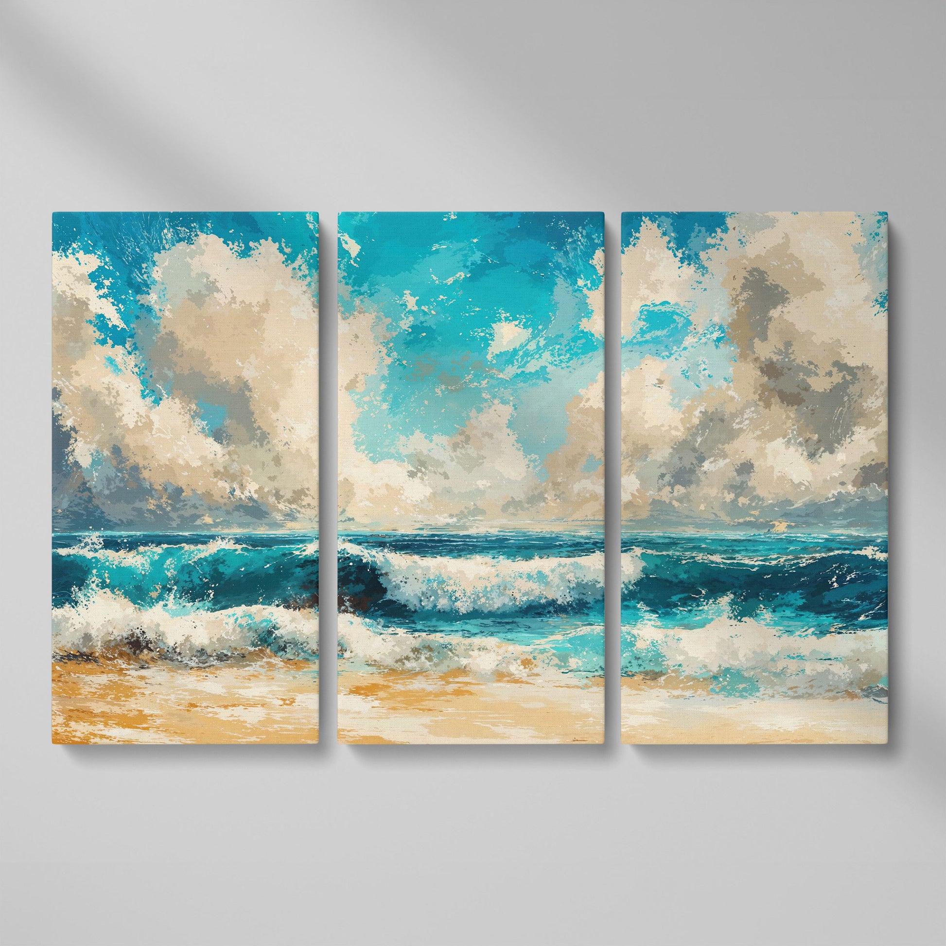 Ocean Waves Beach Scene Canvas with Cloudy Sky as 3-panel split version