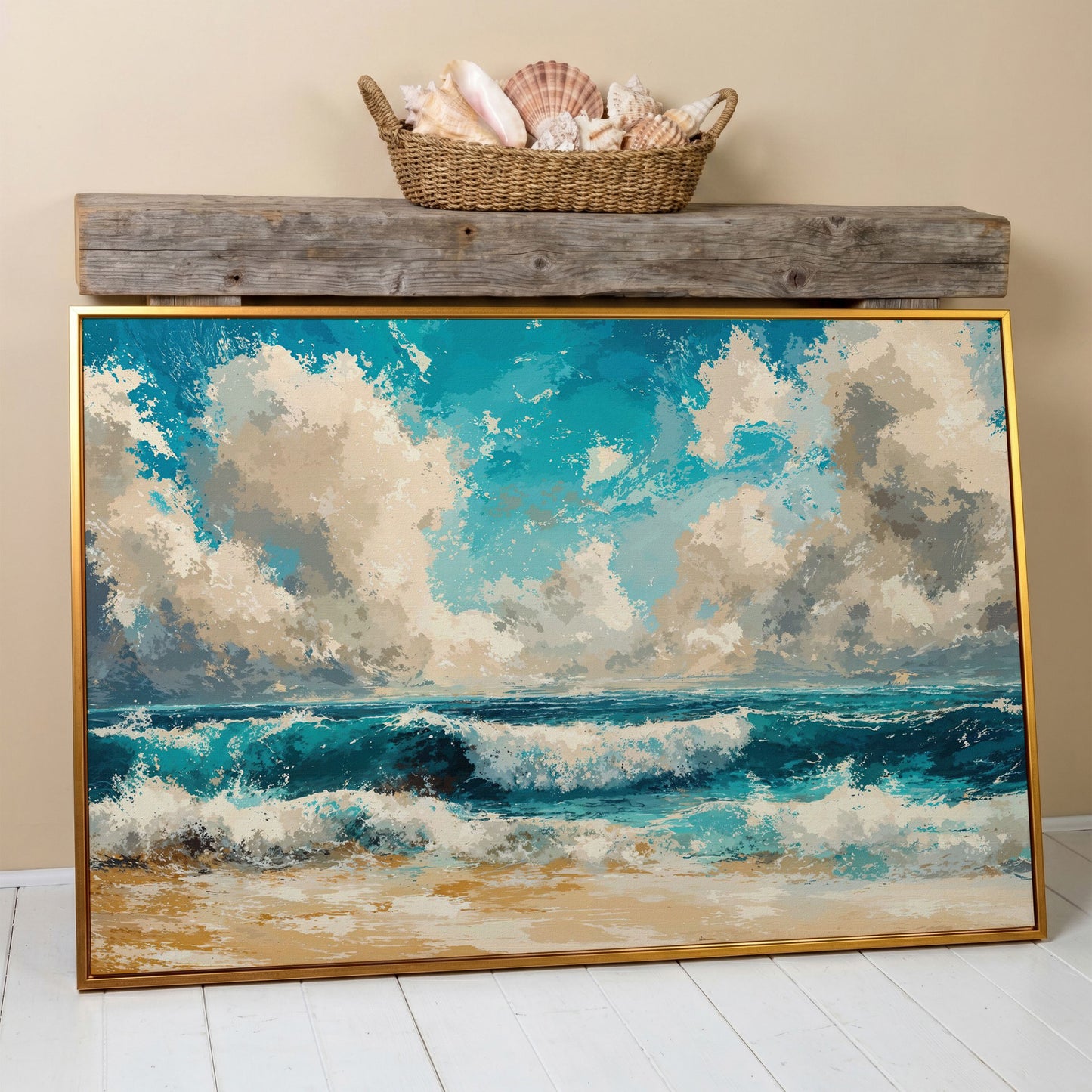 Ocean Waves Beach Scene Canvas with Cloudy Sky in antique gold floating frame