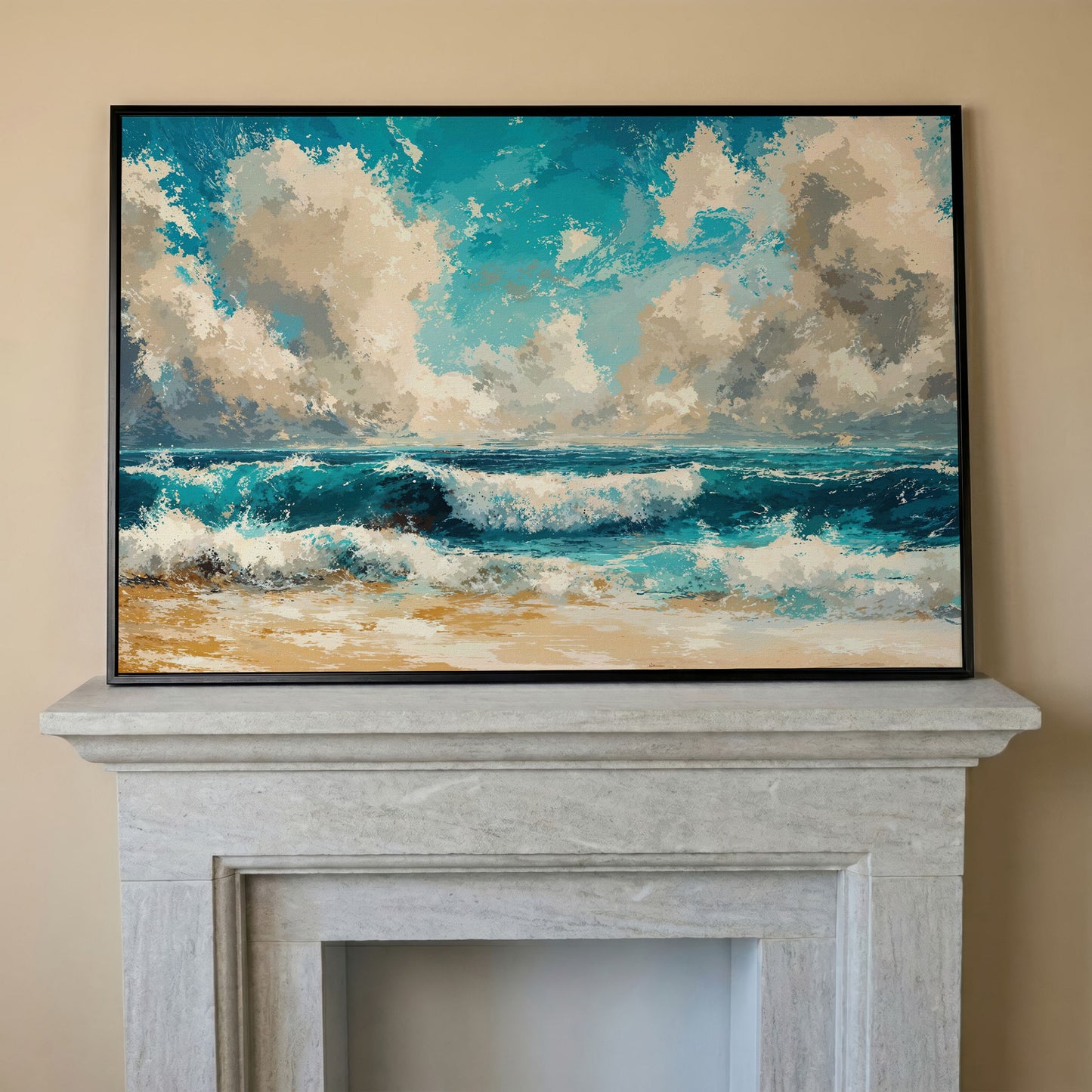 Ocean Waves Beach Scene Canvas with Cloudy Sky in black floating frame