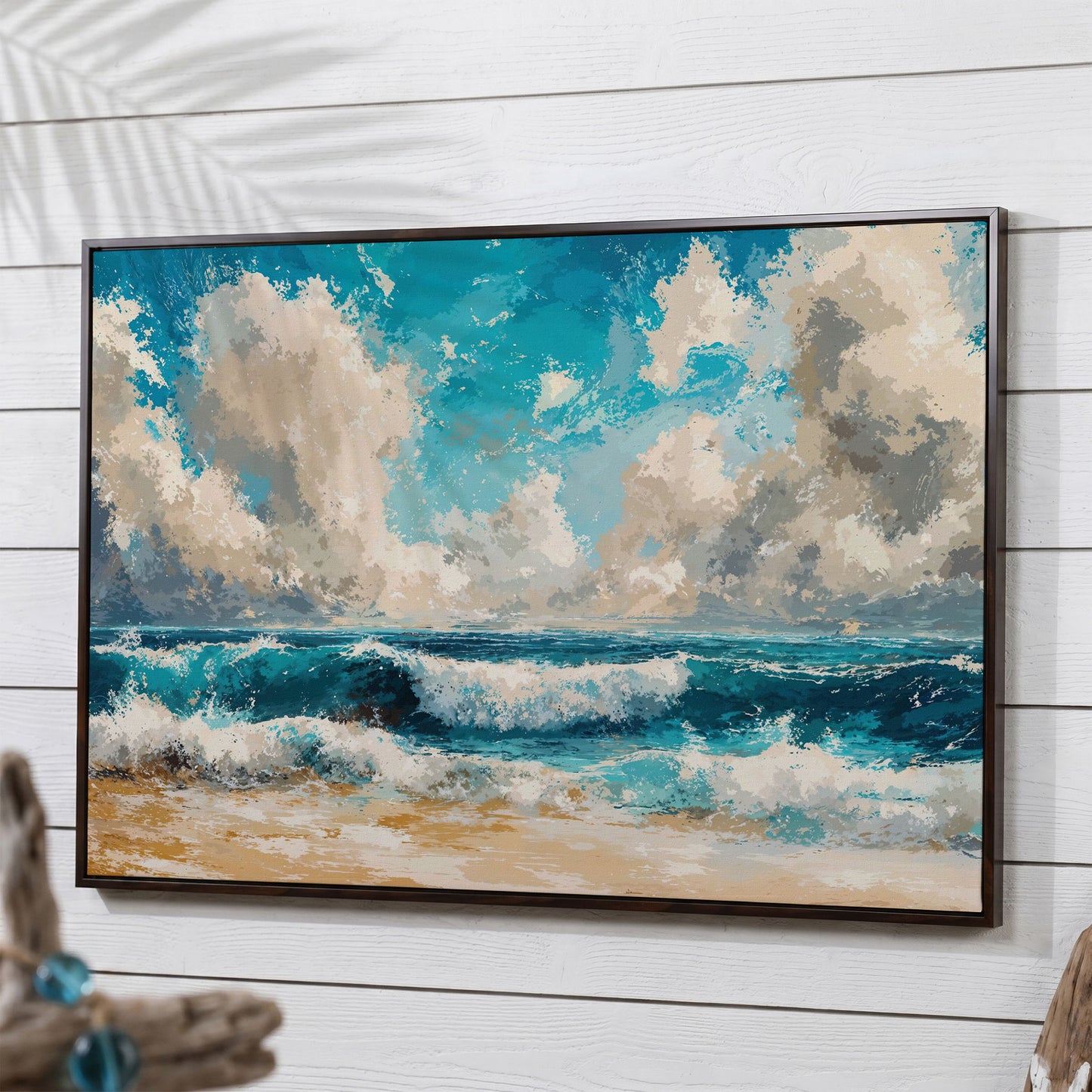 Ocean Waves Beach Scene Canvas with Cloudy Sky in dark walnut floating frame