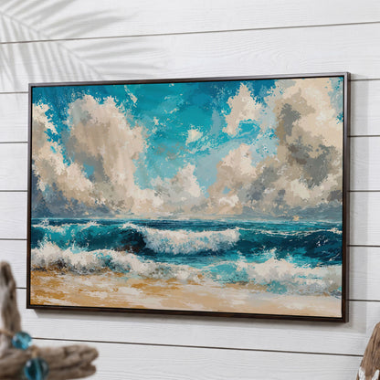 Ocean Waves Beach Scene Canvas with Cloudy Sky in dark walnut floating frame