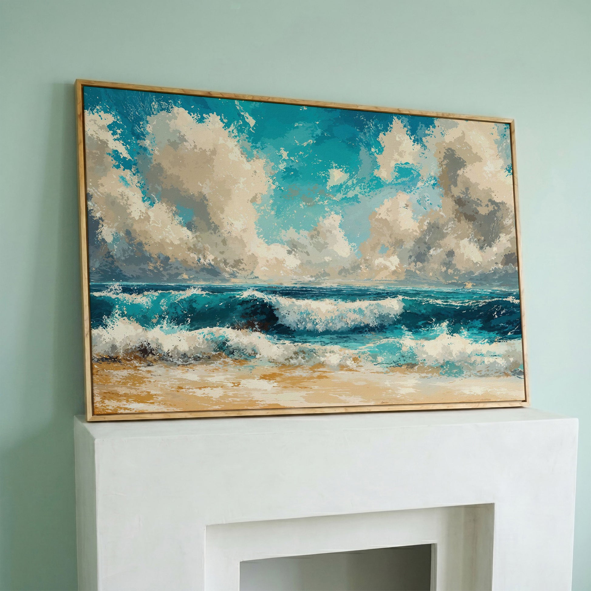 Ocean Waves Beach Scene Canvas with Cloudy Sky in white oak floating frame