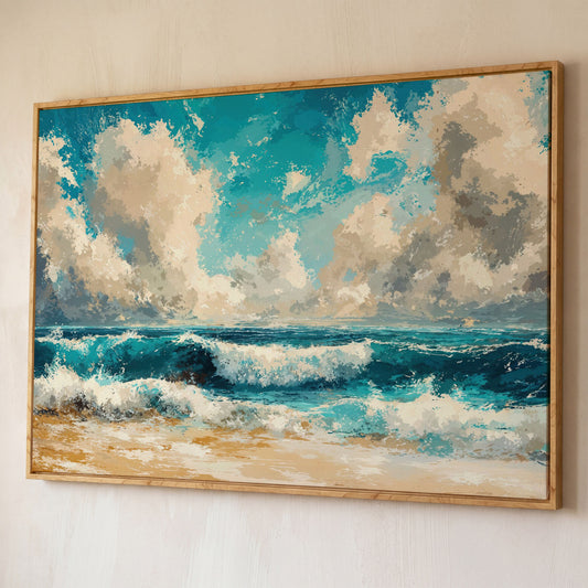 Ocean Waves Beach Scene Canvas with Cloudy Sky shown in white oak floating frame