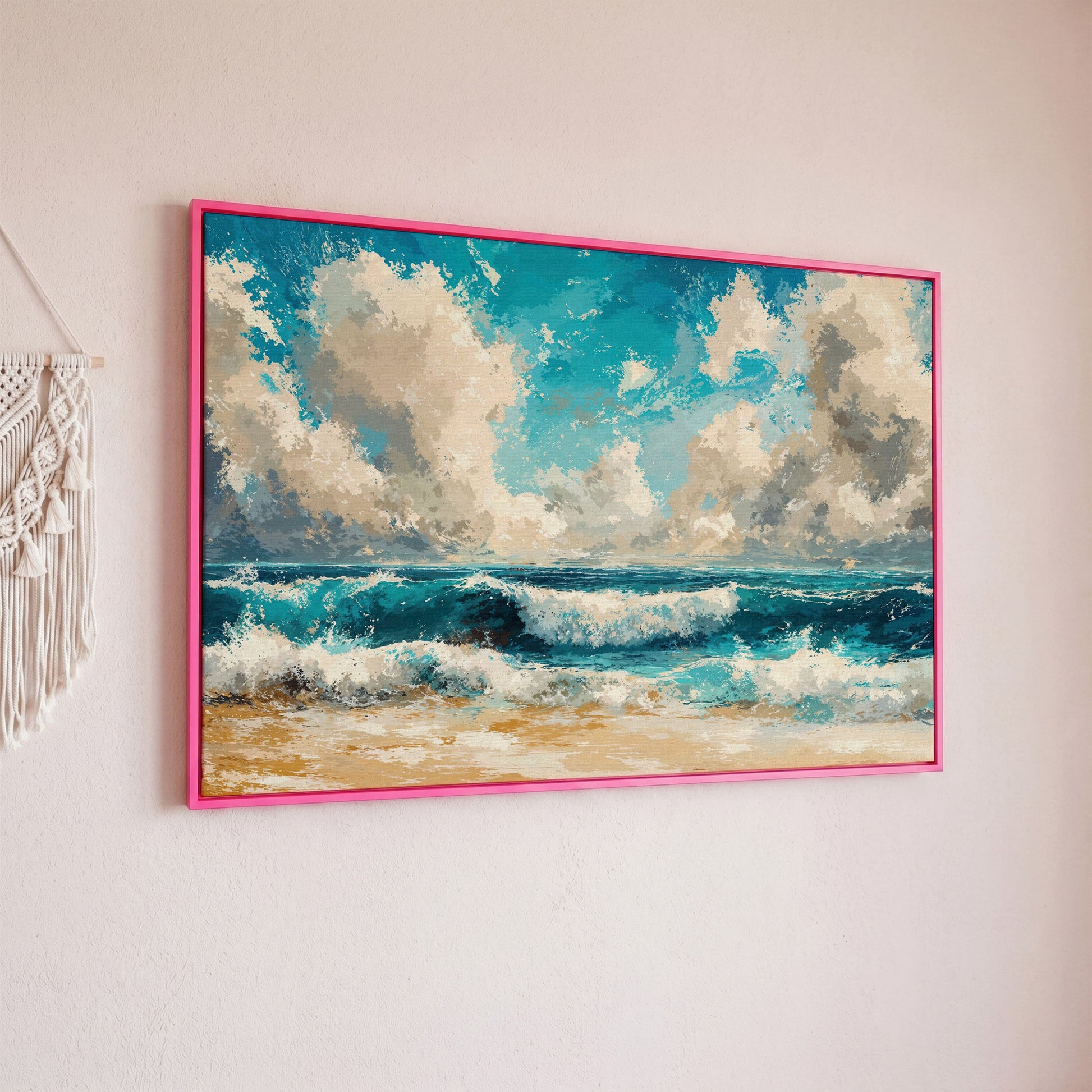 Ocean Waves Beach Scene Canvas with Cloudy Sky in pink floating frame