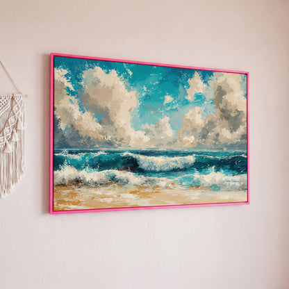 Ocean Waves Beach Scene Canvas with Cloudy Sky in pink floating frame