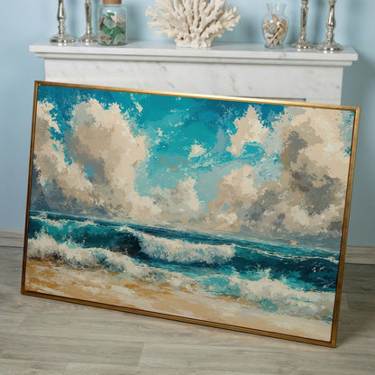 Ocean Waves Beach Scene Canvas with Cloudy Sky in rose gold floating frame