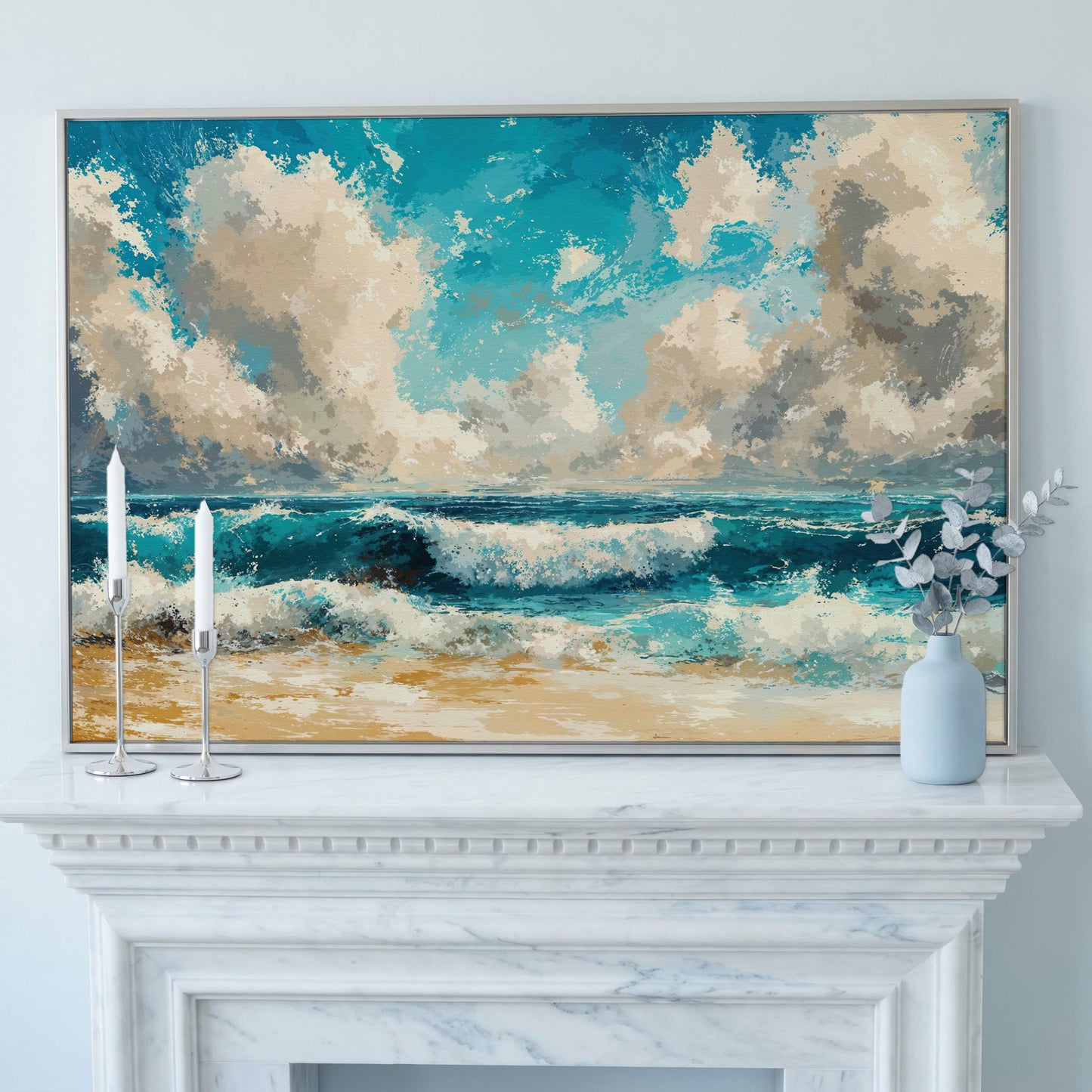 Ocean Waves Beach Scene Canvas with Cloudy Sky in silver floating frame