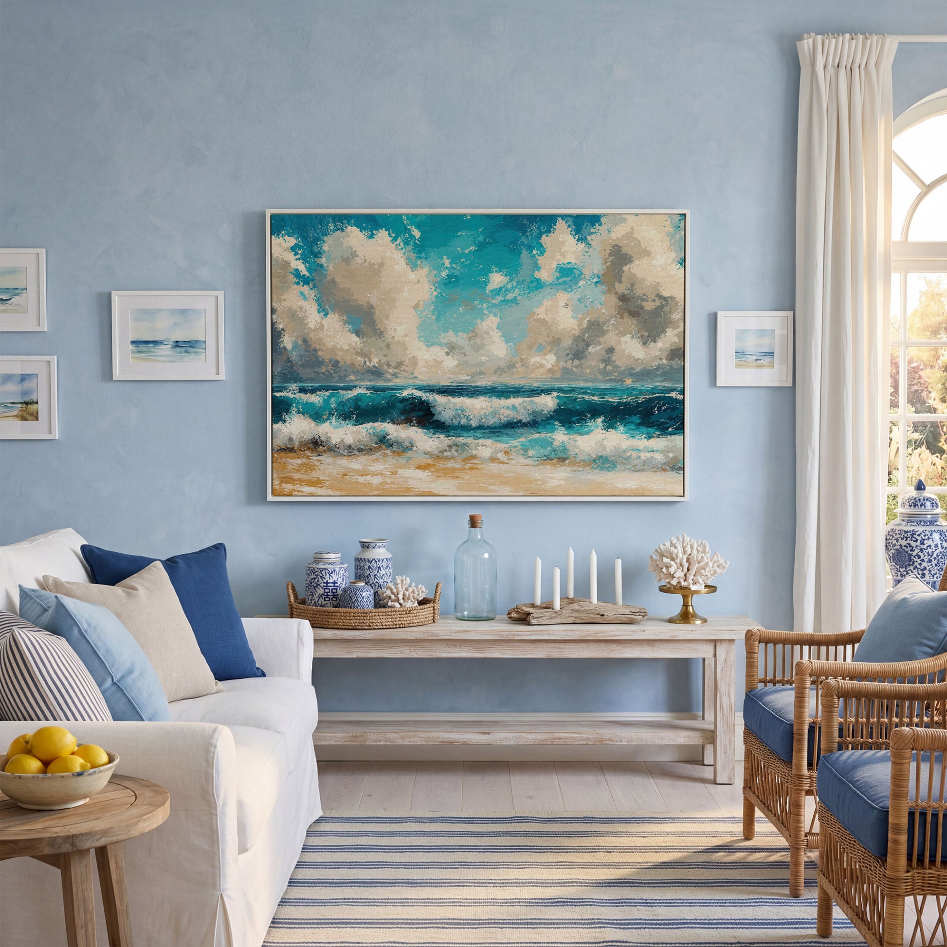 Ocean Waves Beach Scene Canvas with Cloudy Sky in white floating frame
