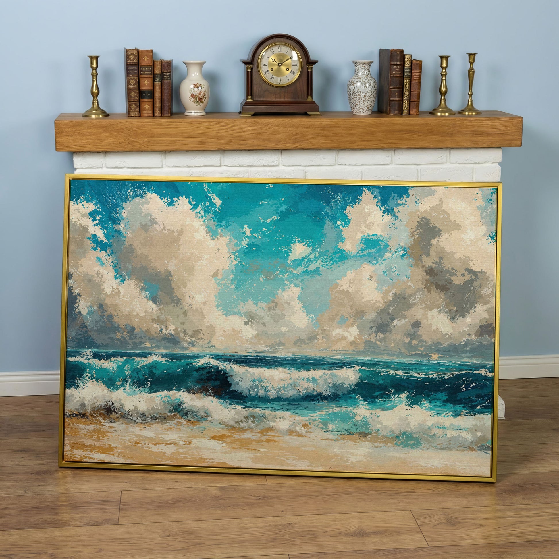 Ocean Waves Beach Scene Canvas with Cloudy Sky in yellow gold floating frame