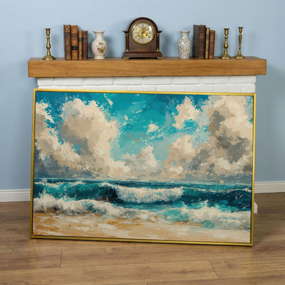 Ocean Waves Beach Scene Canvas with Cloudy Sky in yellow gold floating frame