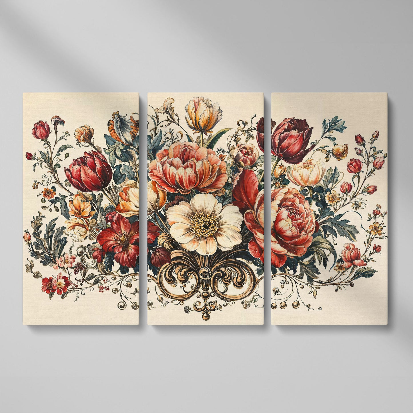 Vintage Floral Still Life with Burgundy Blooms canvas as 3-panel split version
