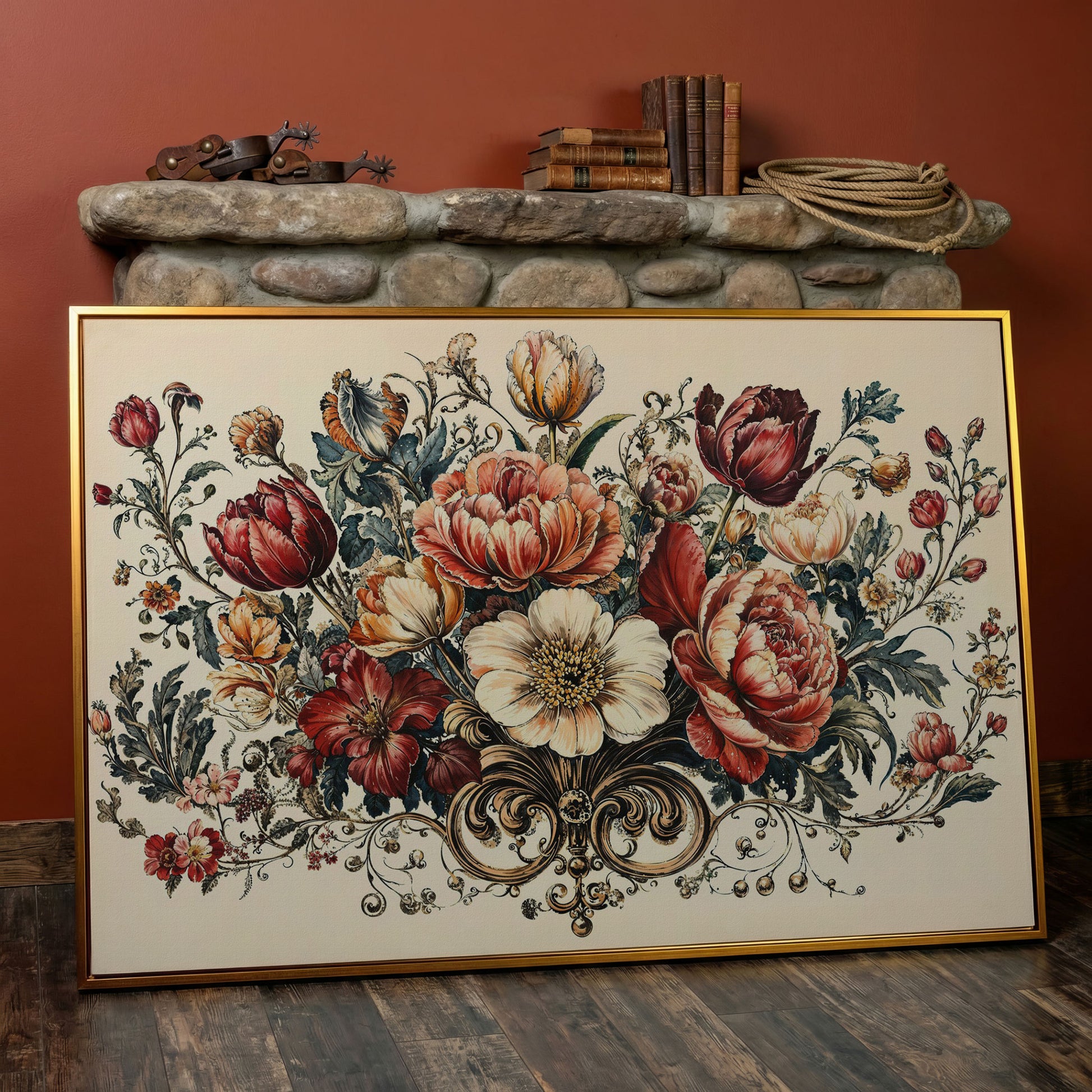 Vintage Floral Still Life with Burgundy Blooms canvas in antique gold floating frame