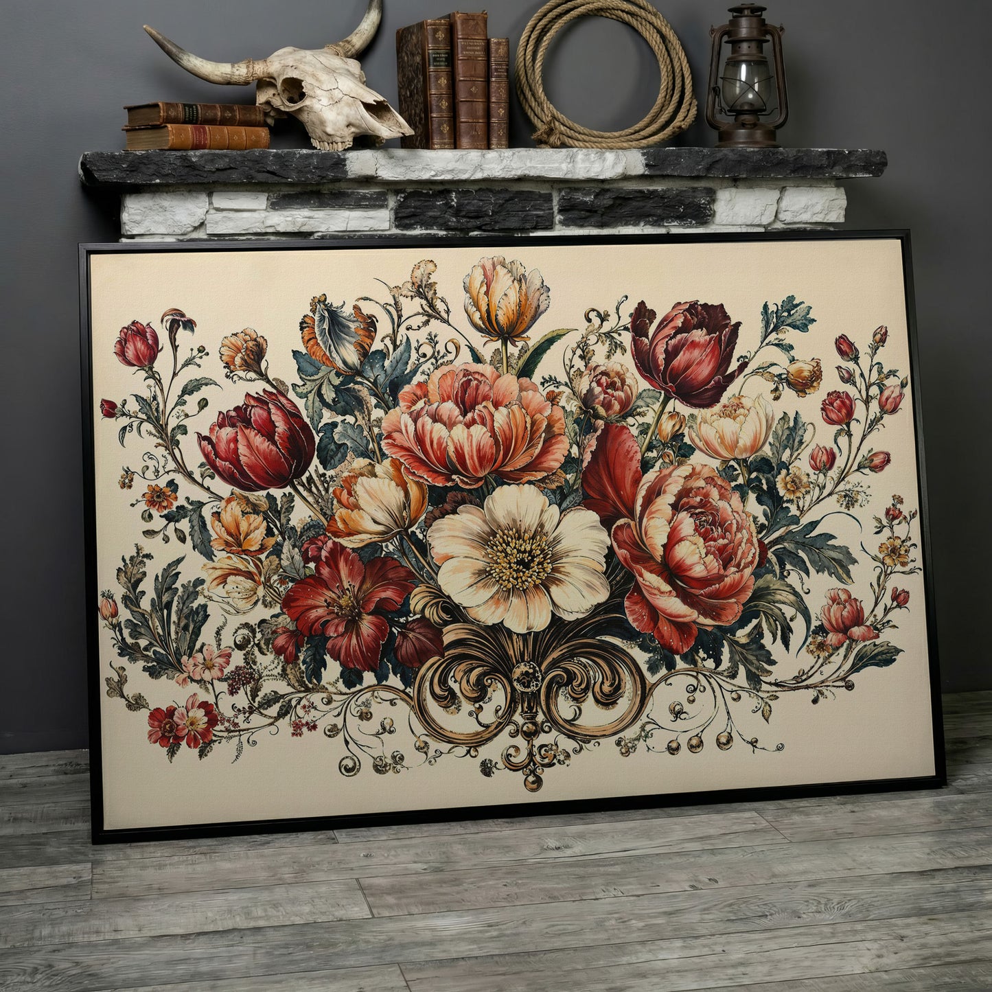 Vintage Floral Still Life with Burgundy Blooms canvas in black floating frame