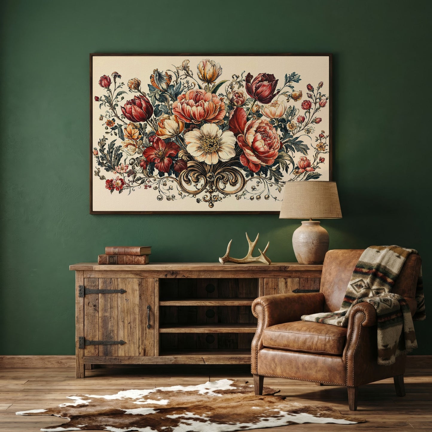 Vintage Floral Still Life with Burgundy Blooms canvas in dark walnut floating frame