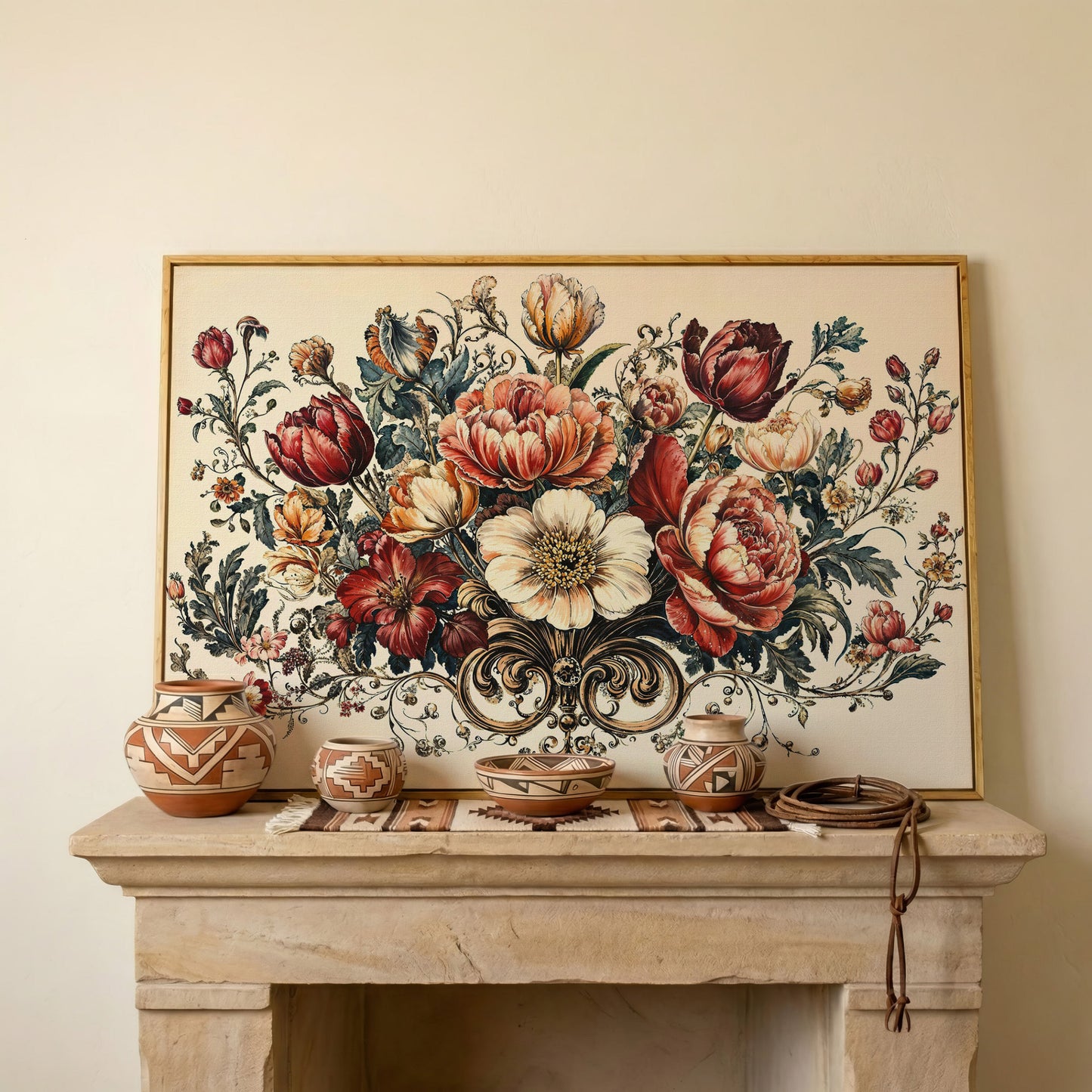 Vintage Floral Still Life with Burgundy Blooms canvas in white oak floating frame