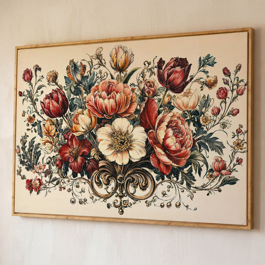Vintage Floral Still Life with Burgundy Blooms canvas shown in white oak floating frame