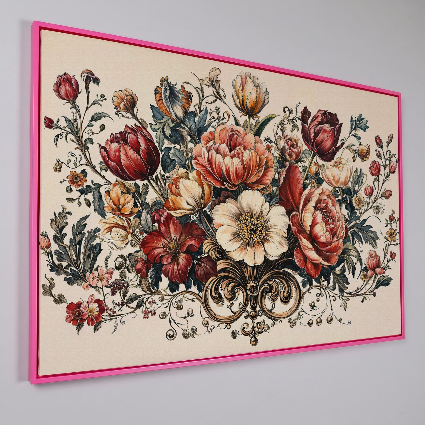 Vintage Floral Still Life with Burgundy Blooms canvas in pink floating frame
