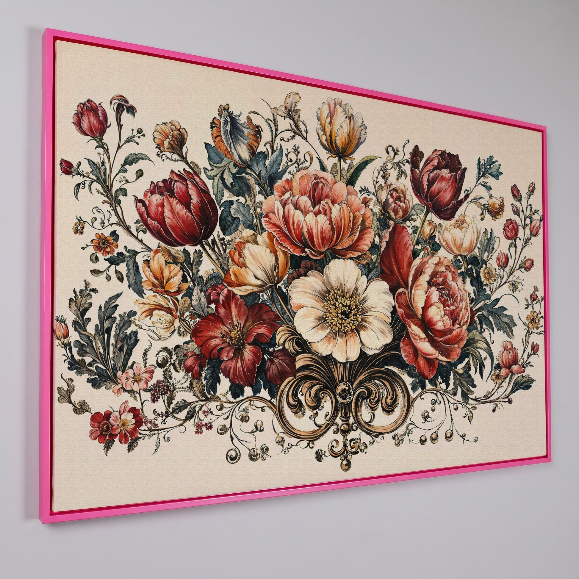 Vintage Floral Still Life with Burgundy Blooms canvas in pink floating frame