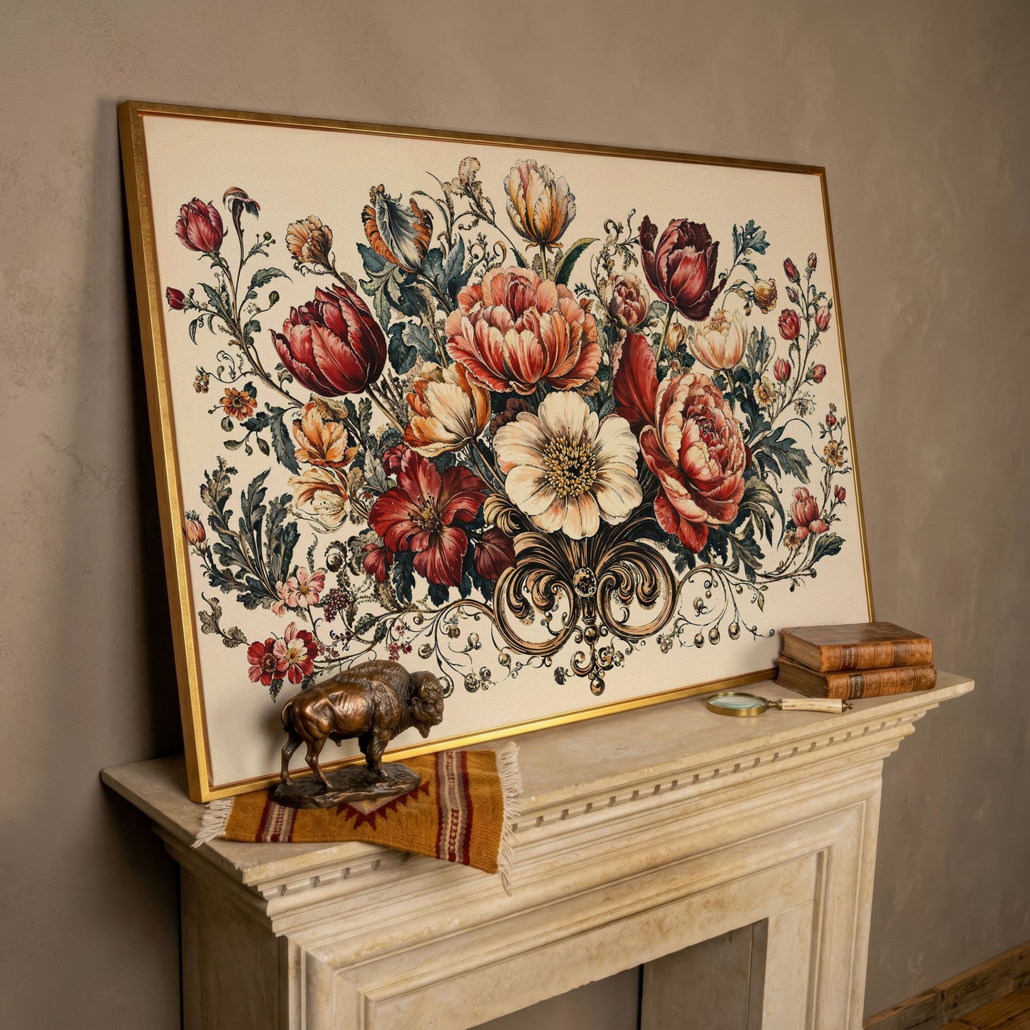 Vintage Floral Still Life with Burgundy Blooms canvas in rose gold floating frame