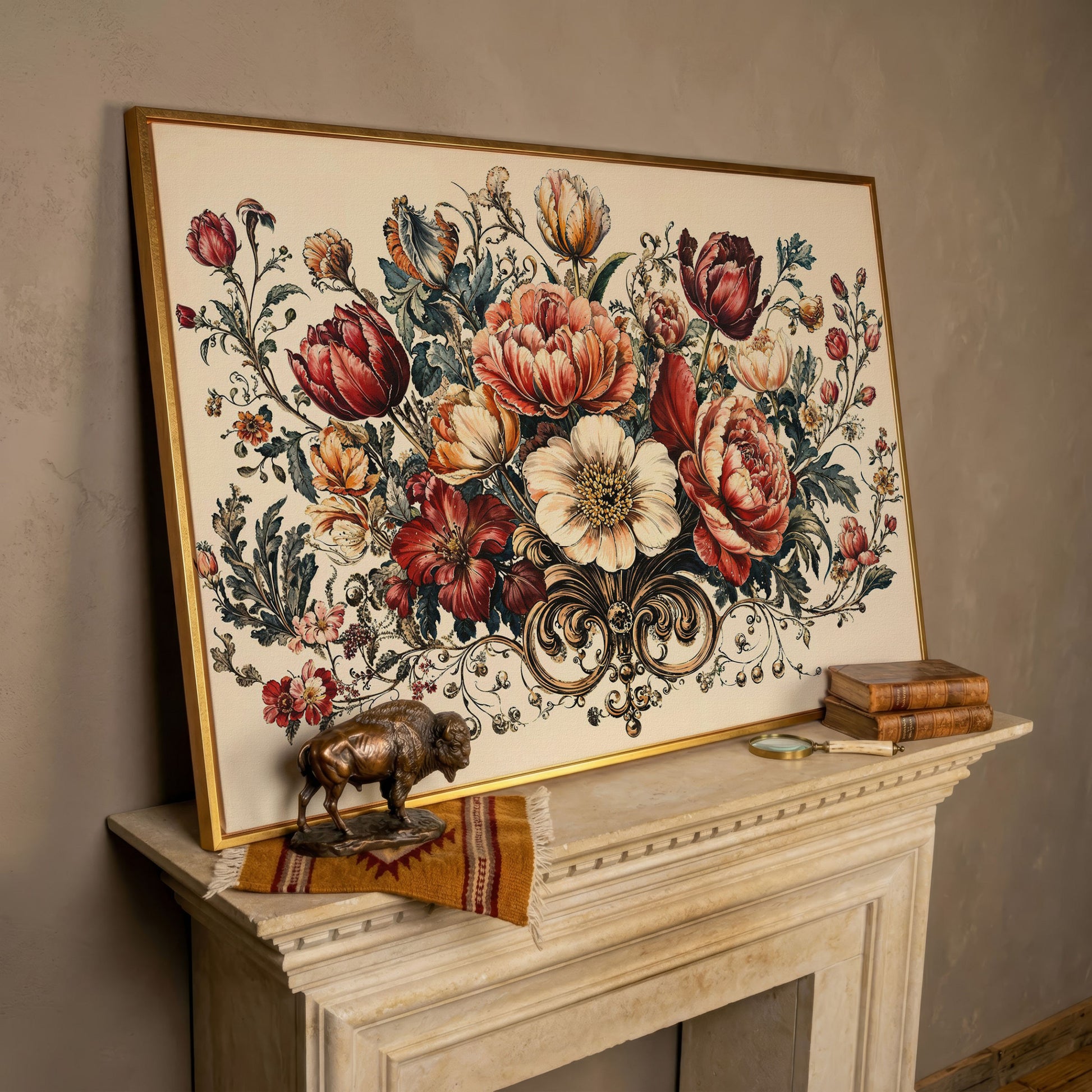 Vintage Floral Still Life with Burgundy Blooms canvas in rose gold floating frame