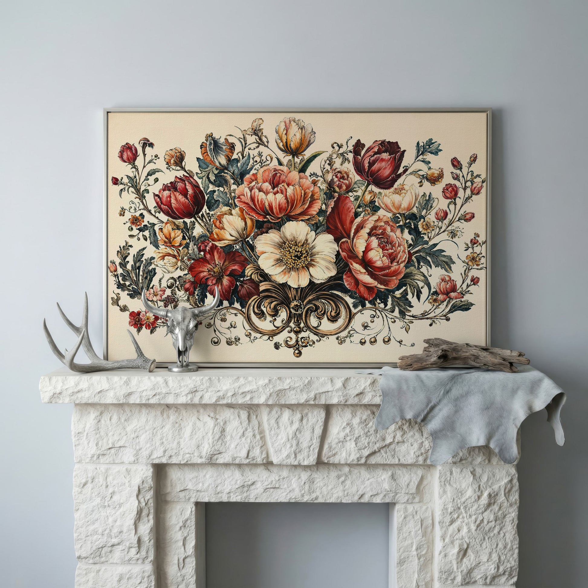 Vintage Floral Still Life with Burgundy Blooms canvas in silver floating frame