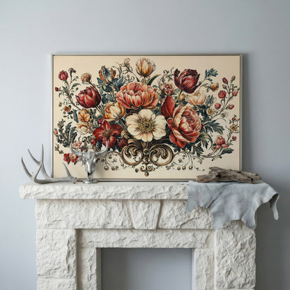 Vintage Floral Still Life with Burgundy Blooms canvas in silver floating frame