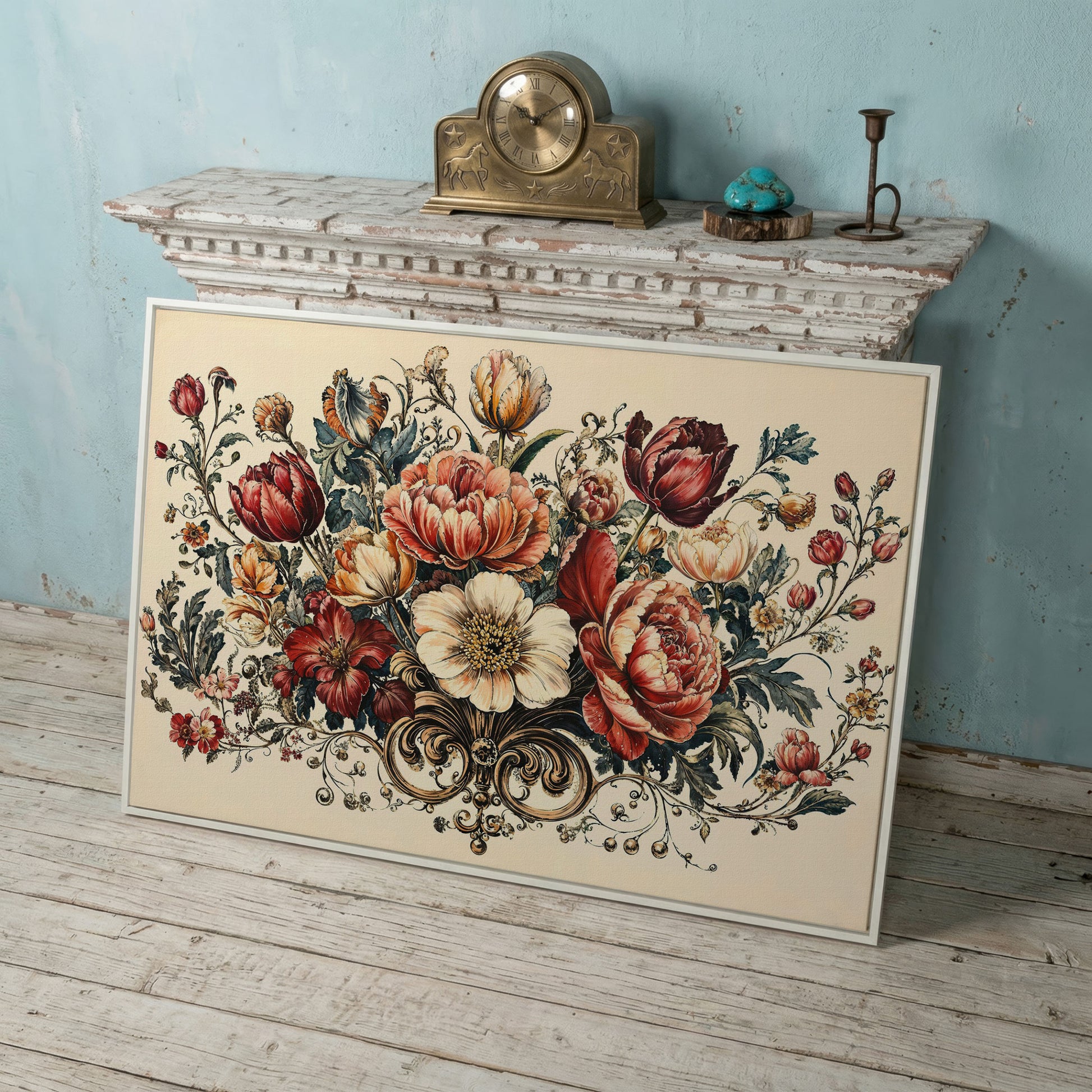 Vintage Floral Still Life with Burgundy Blooms canvas in white floating frame