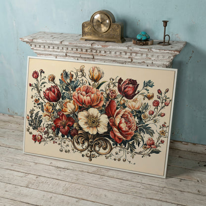 Vintage Floral Still Life with Burgundy Blooms canvas in white floating frame