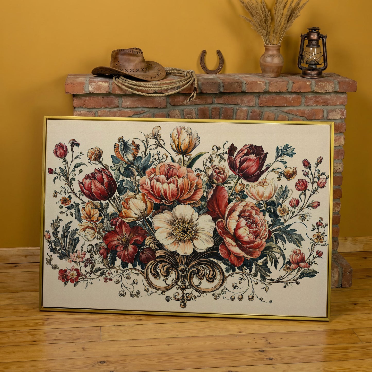 Vintage Floral Still Life with Burgundy Blooms canvas in yellow gold floating frame