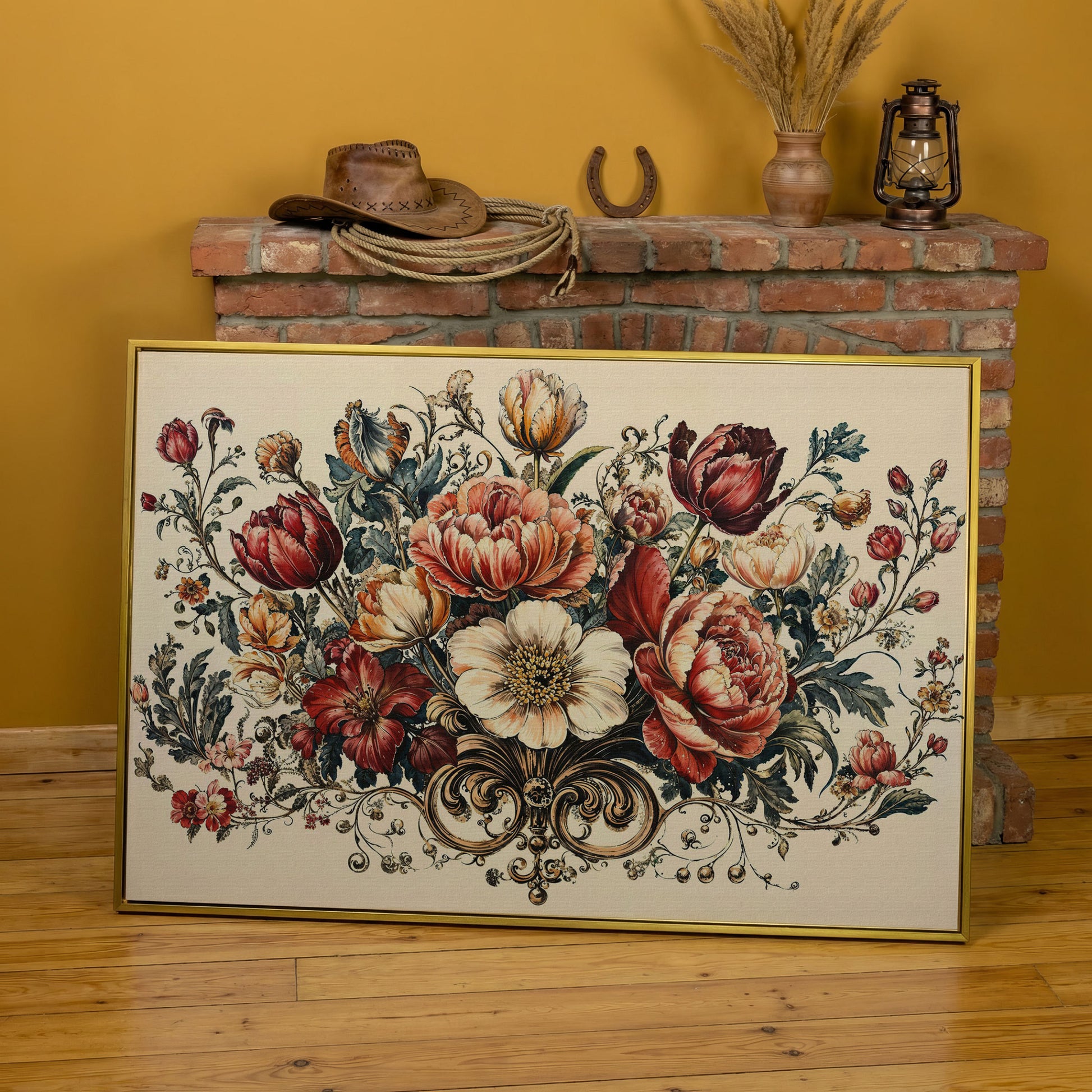 Vintage Floral Still Life with Burgundy Blooms canvas in yellow gold floating frame
