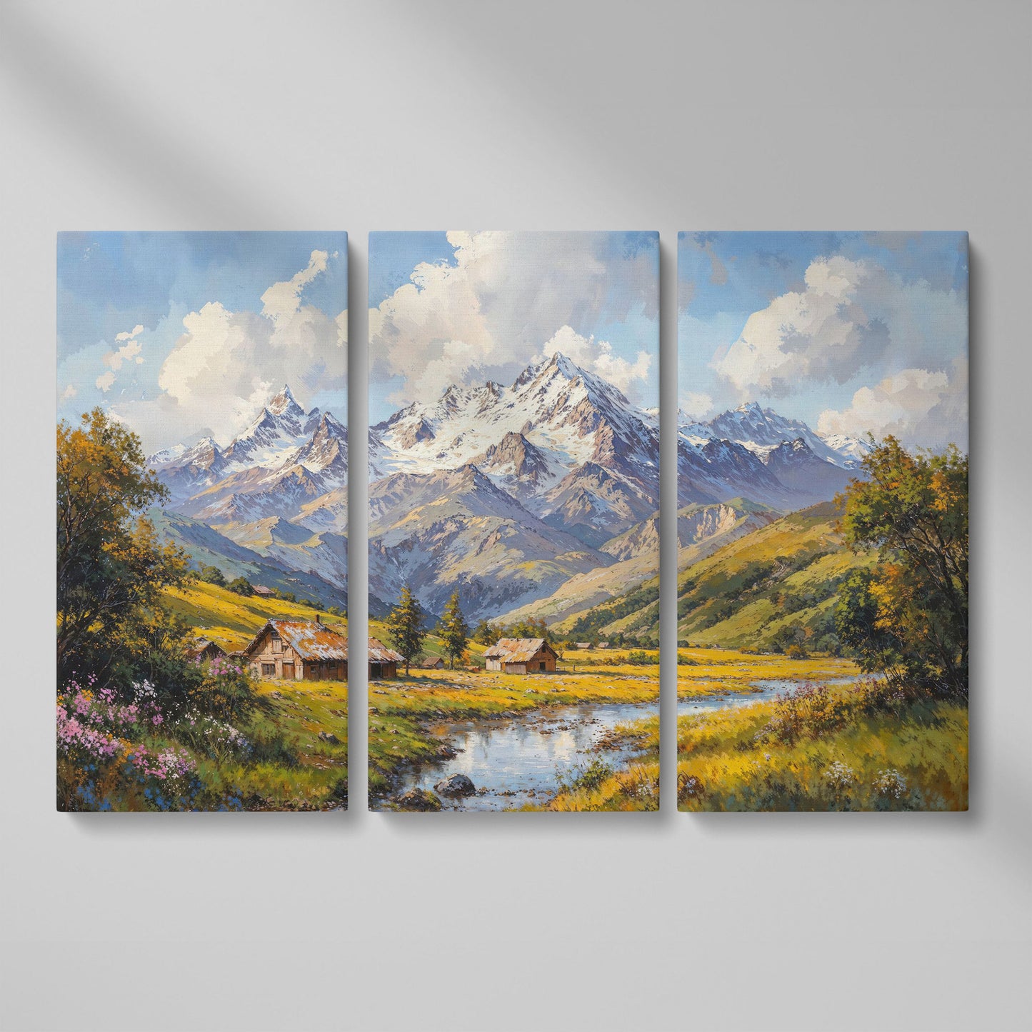 Mountain Cabins by Creek Canvas as 3-panel split version