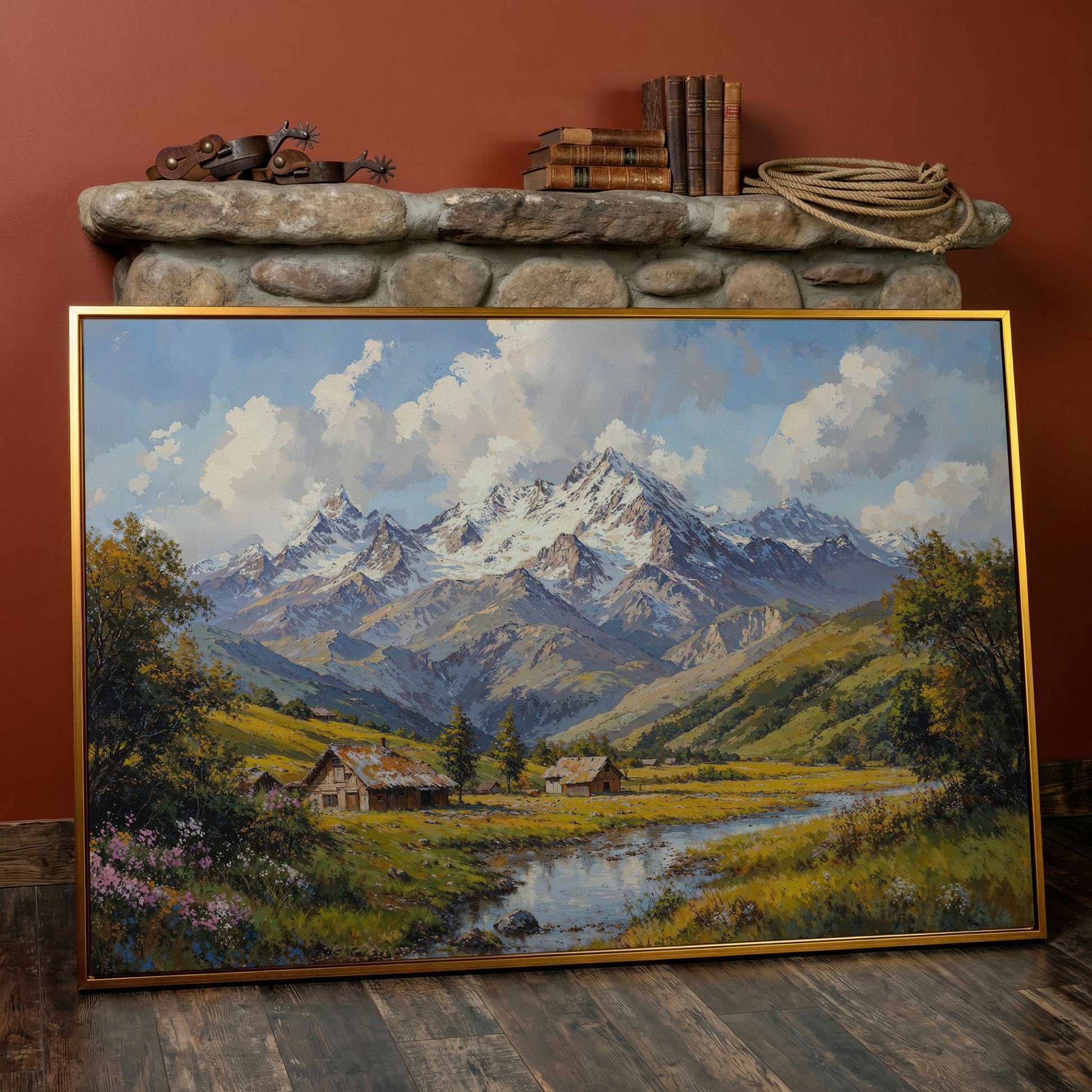 Mountain Cabins by Creek Canvas in antique gold floating frame