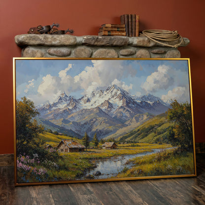 Mountain Cabins by Creek Canvas in antique gold floating frame