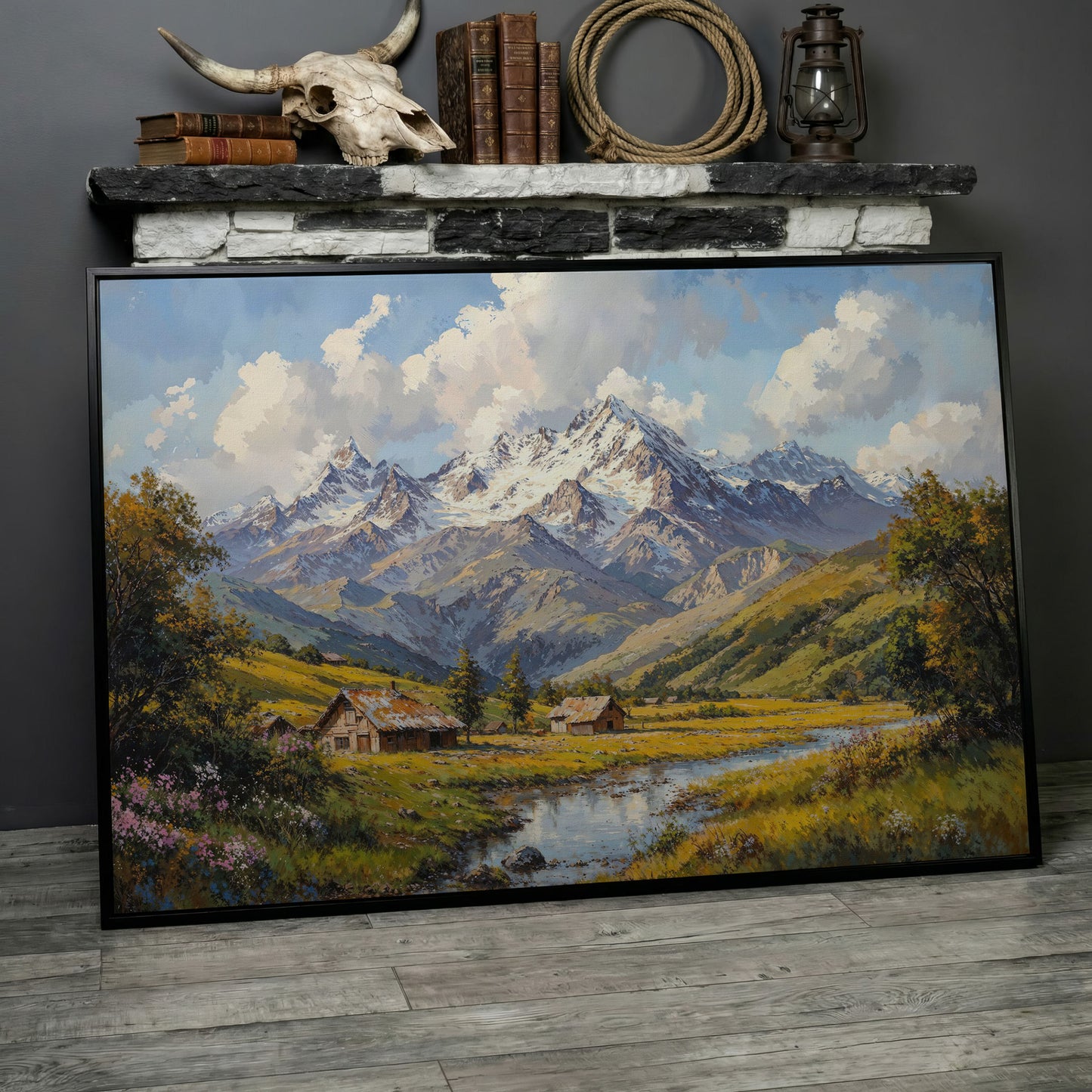Mountain Cabins by Creek Canvas in black floating frame