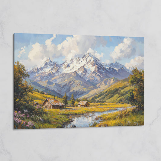 Mountain Cabins by Creek Canvas on gallery wrap