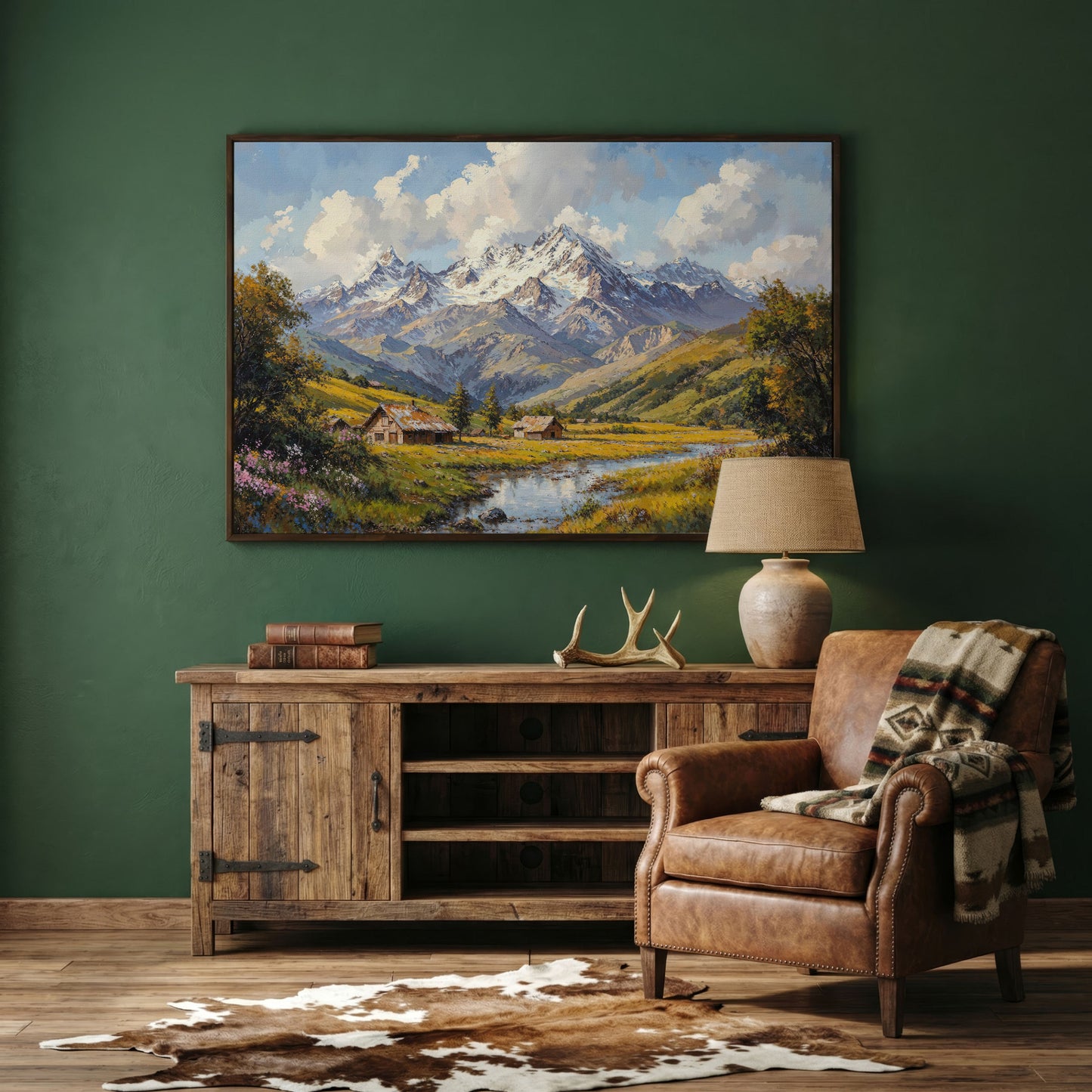 Mountain Cabins by Creek Canvas in dark walnut floating frame
